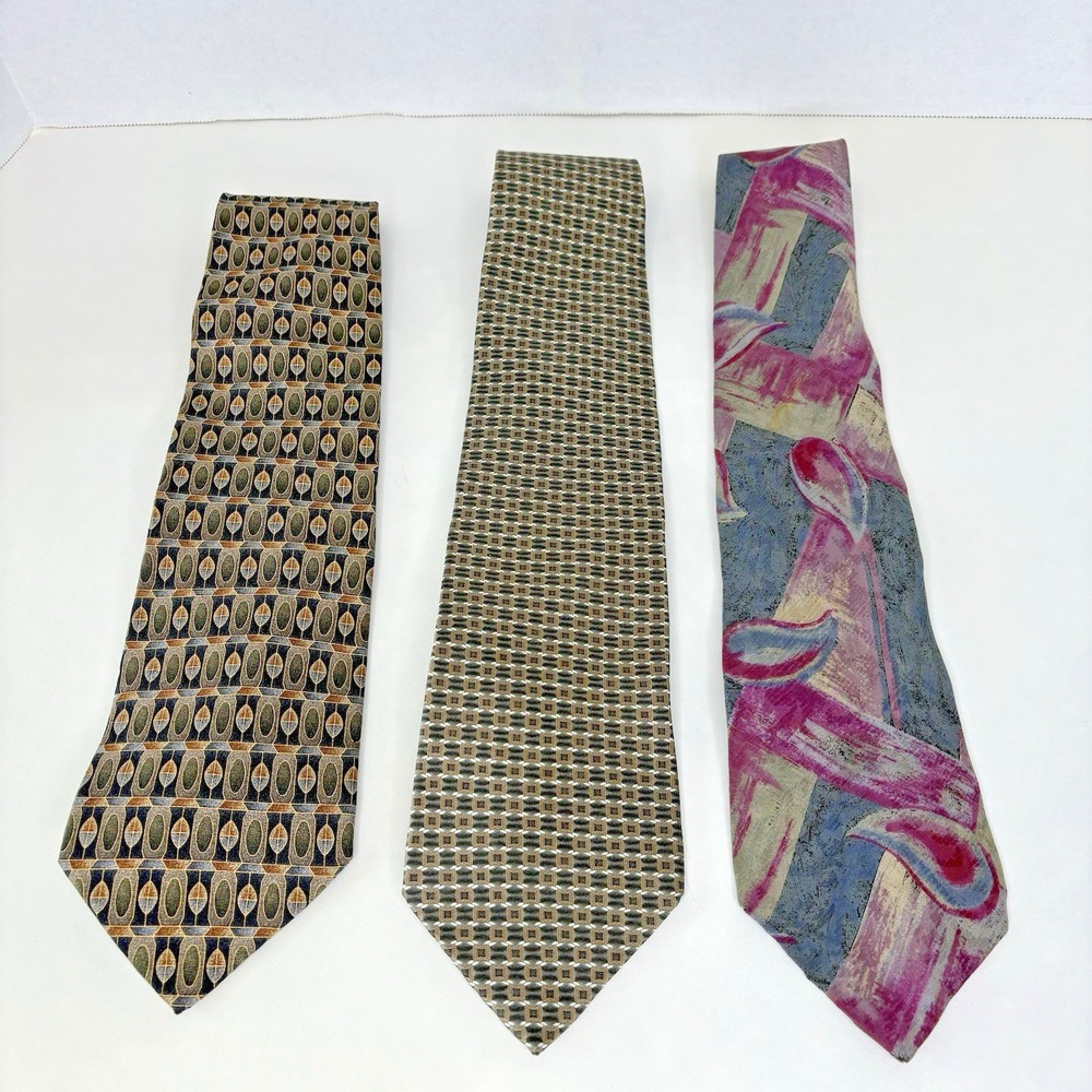 Vintage Mens Charcoal Gray Brown‎ Blue Gold Geometric Silk Tie Lot 3pc 90s Y2K